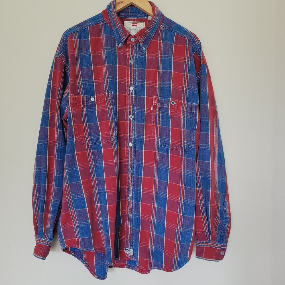 Vintage Levis Flannel Shirt Mens XL Plaid Long Sleeve Workwear 90s Grunge Pocket